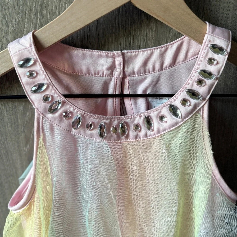 Tahari Tulle Ruffle Dress Girls Size 7 Pastel Rainbow Rhinestone Fairycore Party